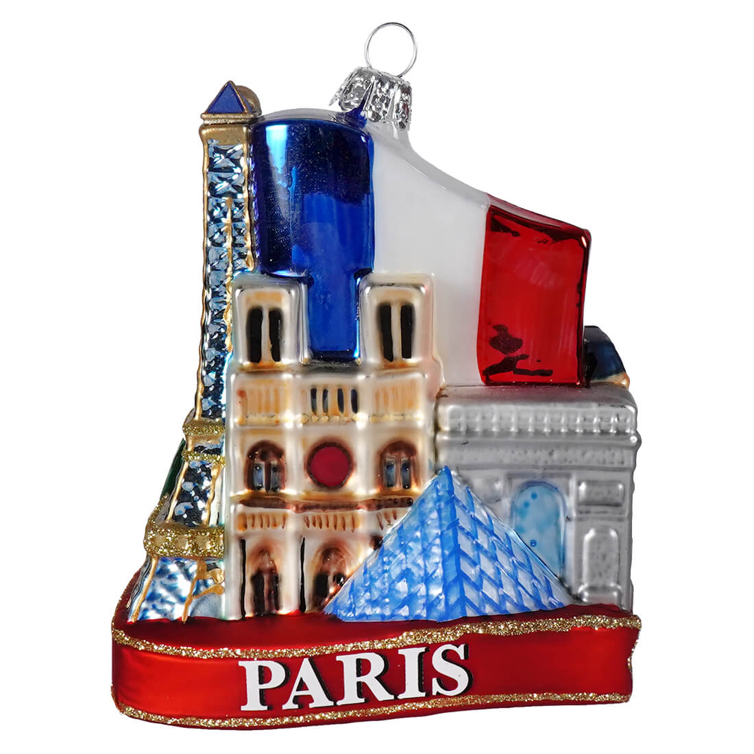 Vibrant paris city ornament glass-blown with eiffel tower notre dame arc de triomphe and louvre gold accents from kurt adler cityscapes