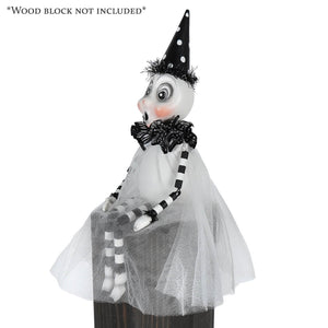 Party ghost sitter white ghost decor figurine with black polka-dot hat bow and sheer tulle skirt over striped limbs