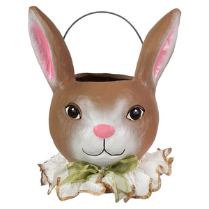 Brown bunny-shaped papier mache bucket easter basket with pink ears and olive ribbon vintage easter bunny figural decor