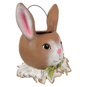 Brown bunny-shaped papier mache bucket with pink ears and white gold-trimmed collar for easter baskets and buckets