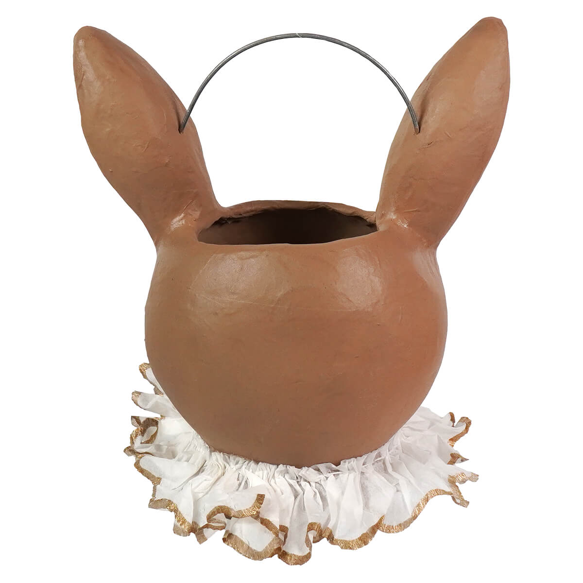 Brown eevee-shaped papier mache bucket with white ruffled trim and gold edging for easter baskets and buckets