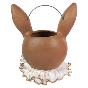 Brown eevee-shaped papier mache bucket with white ruffled trim and gold edging for easter baskets and buckets