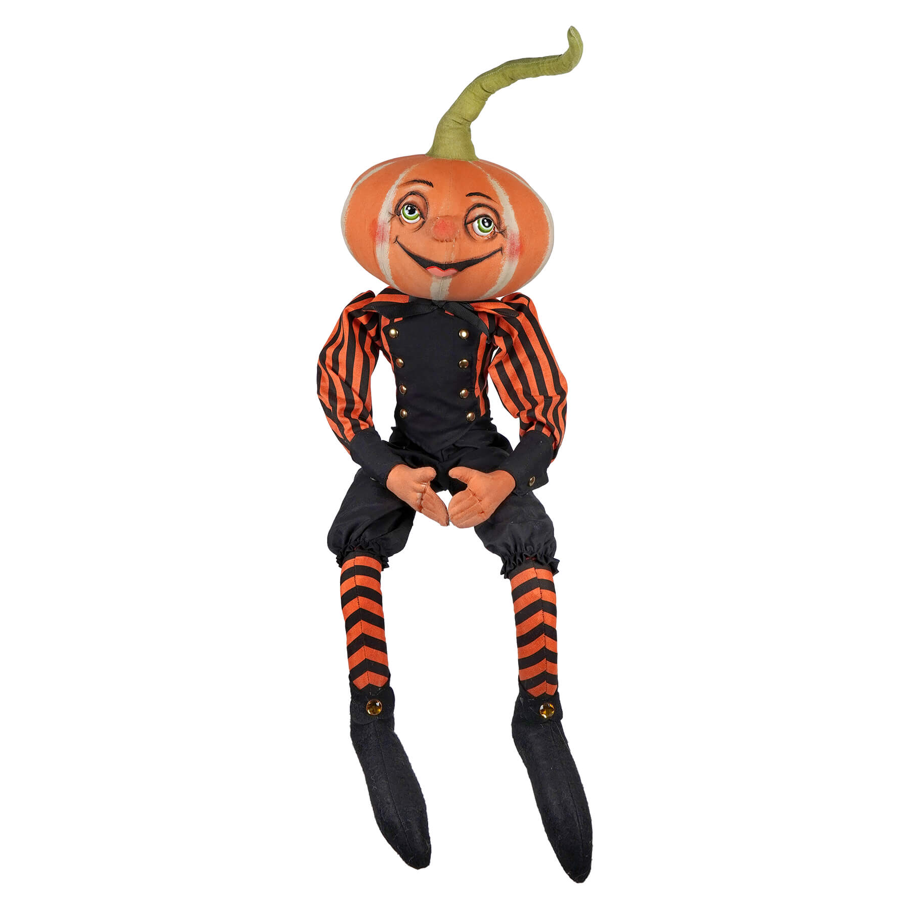 A plush pascal pumpkin doll with a smiling orange pumpkin head and black and orange striped outfit from joe spencer’s gathered