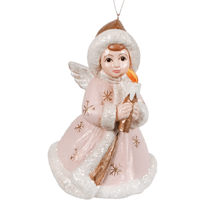 Delicate pastel angel holding candle ornament with white fur trim and gold snowflakes by bethany lowe design christmas angels