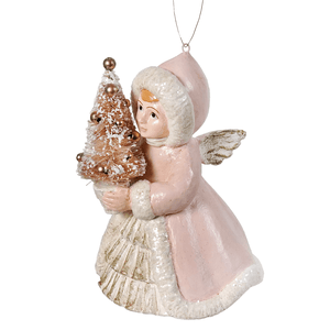 Delicate pastel angel holding tree ornament by bethany lowe design with pink fur trim and gold accents christmas angels