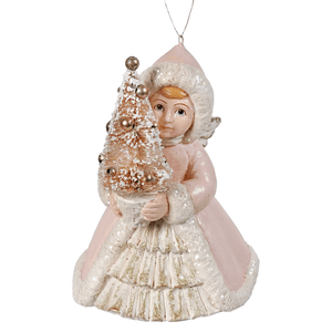 Pastel angel holding tree ornament by bethany lowe design features a delicate pink and white angel with a frosted christmas tree adorned with gold beads