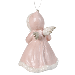 A delicate pastel angel holding tree ornament by bethany lowe design with white-trimmed wings and vintage finish