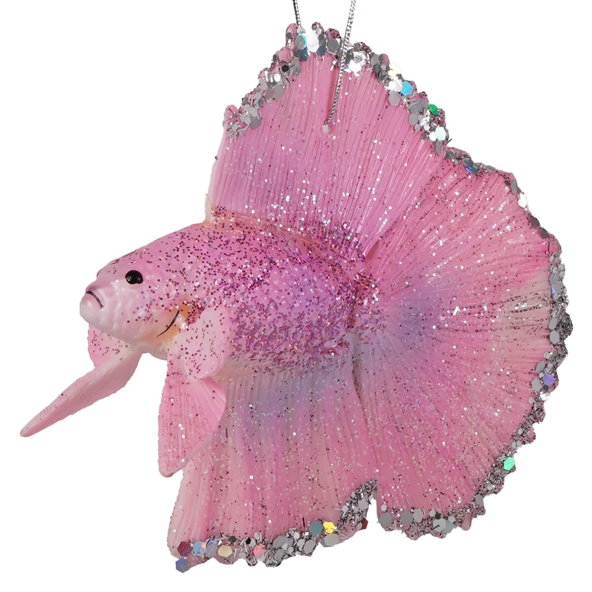 Pastel pink beta fish ornament with silver sequin accents on fins and tail cody foster ornament fish ornament