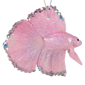 Pastel pink beta fish ornament with glittery resin body silver accents and hanging chain perfect cody foster ornament