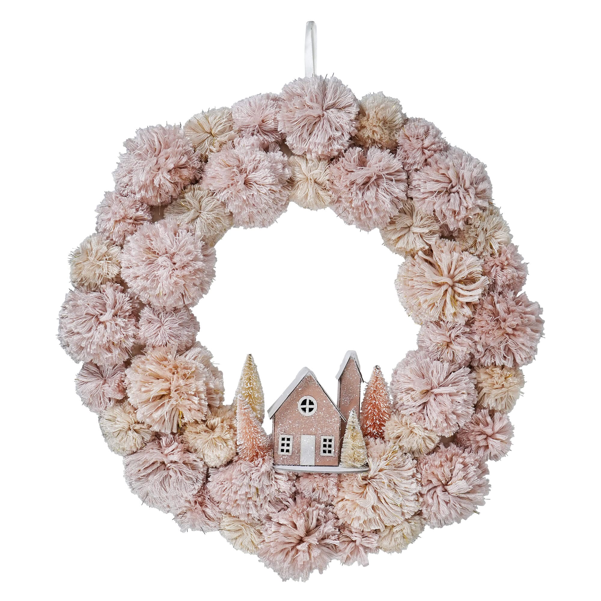 Pastel Pink Bottle Brush & Paper House Pom Pom Wreath - Christmas