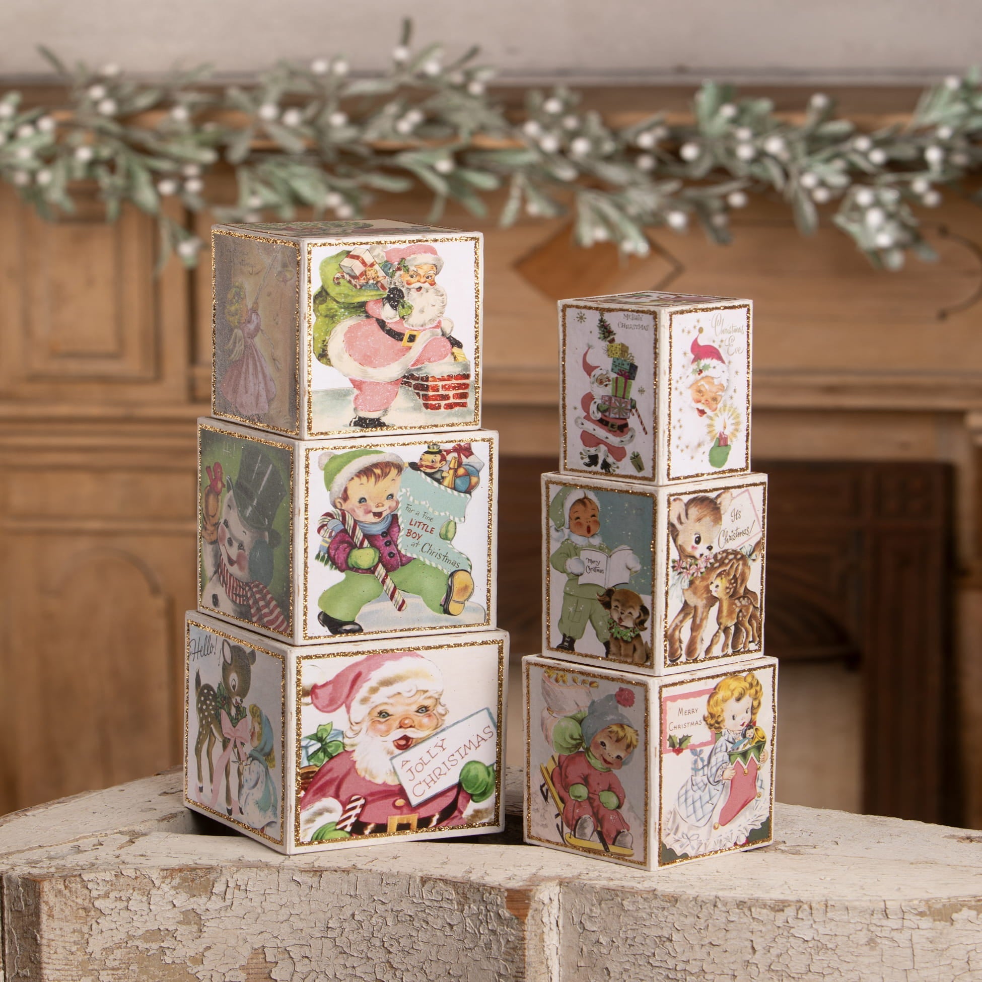 Vintage pastel retro blocks featuring colorful christmas-themed holiday characters and scenes on each side