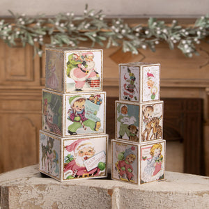 Vintage pastel retro blocks featuring colorful christmas-themed holiday characters and scenes on each side