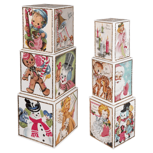 Vintage-style pastel retro blocks with colorful christmas-themed illustrations of holiday characters and scenes