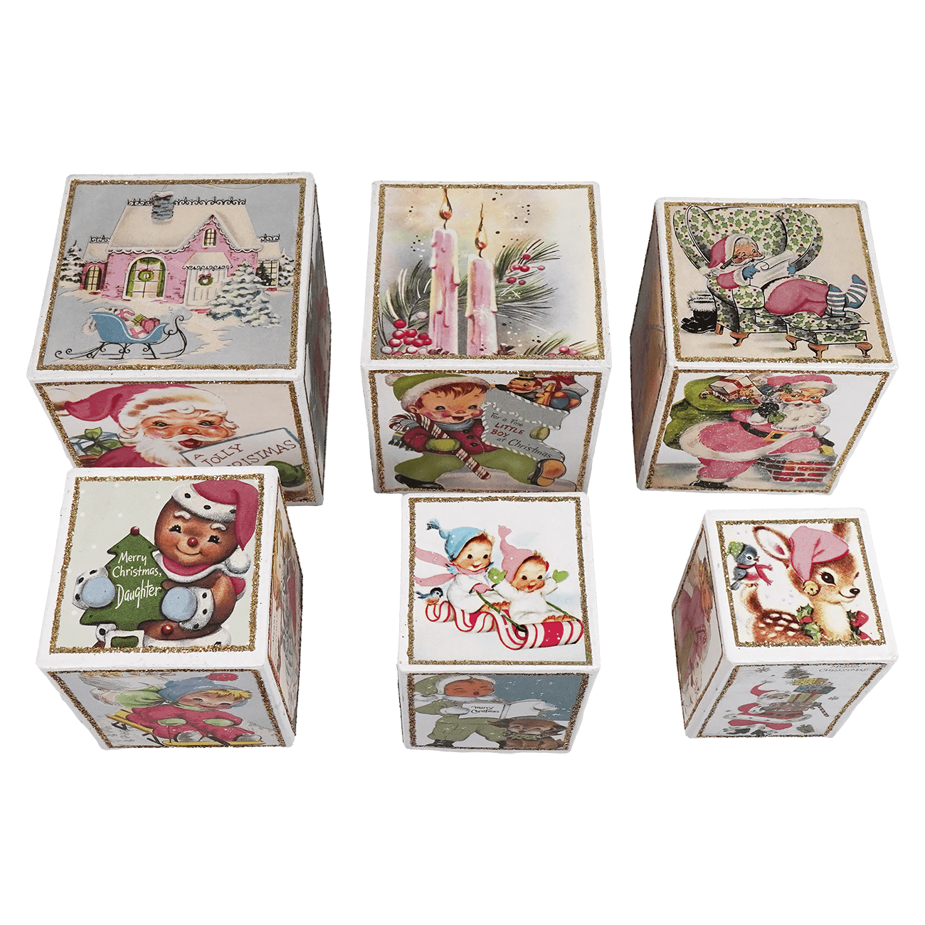 Set of six pastel retro blocks wooden cubes with colorful vintage christmas scenes and gold trimmed edges