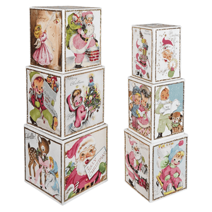 Vintage-style pastel retro blocks with christmas santa scenes children and holiday greetings on each face