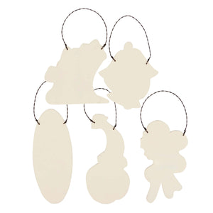 Set of five unpainted wooden pastel retro christmas ornaments with black wire hangers for holiday decor