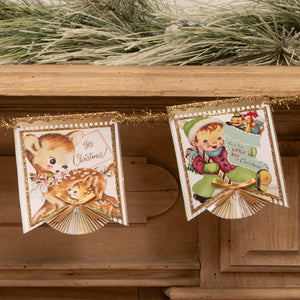 Vintage-style pastel retro garland by bethany lowe design with gold trim flags featuring festive deer and smiling child