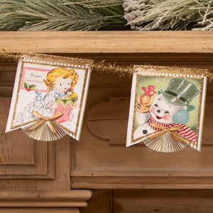 Vintage style pastel retro garland by bethany lowe design with two gold trimmed cards featuring a child and snowman