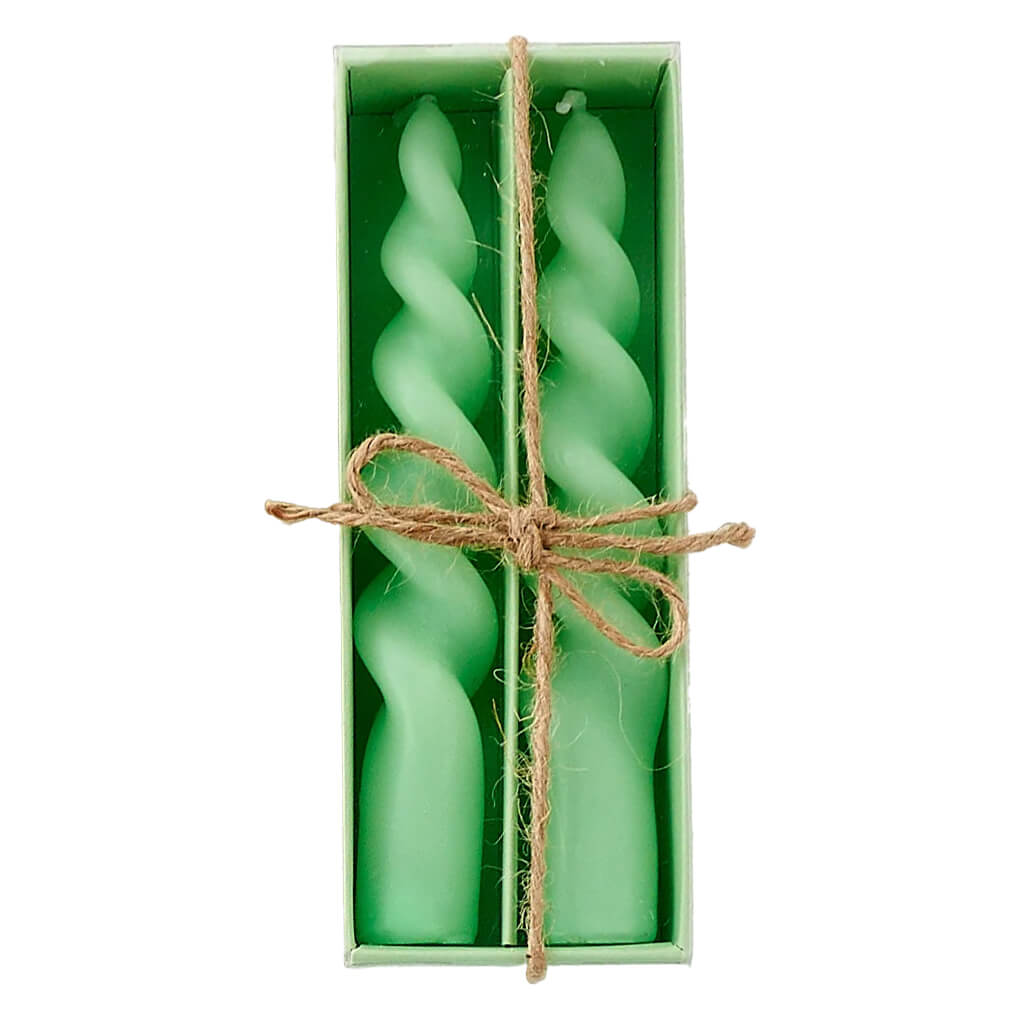 Two mint green twisted pastel swirl candles in a box tied with rustic twine perfect for easter decor