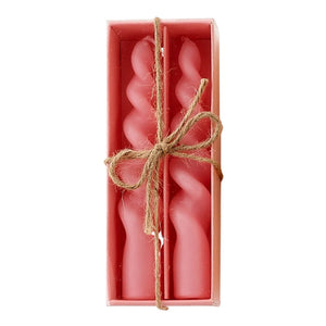 Pastel swirl candles box set with two coral twisted candles in a pink box tied with jute twine for easter decor