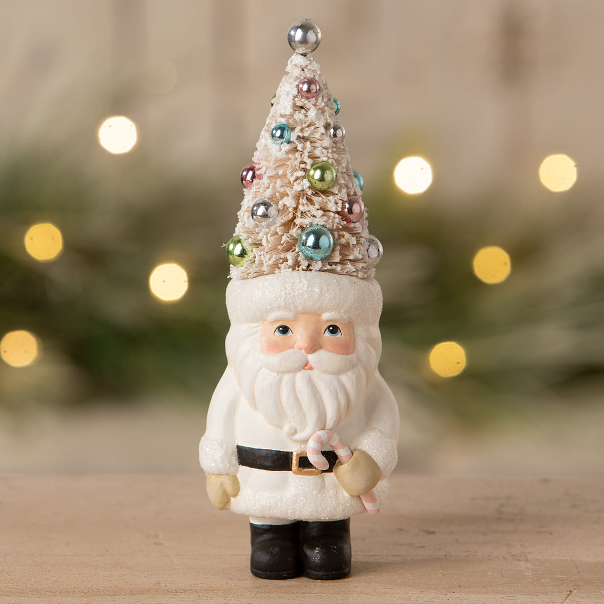 White ceramic pastel tree santa figurine with glittery beaded christmas tree hat by bethany lowe design