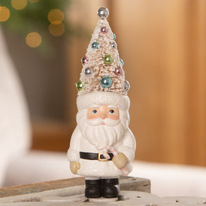 White ceramic pastel tree santa figurine with glittery beaded christmas tree hat black boots bethany lowe design