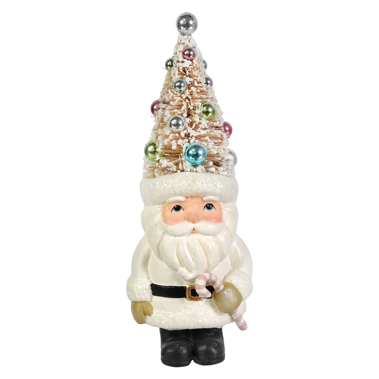 Pastel tree santa figurine by bethany lowe design in white with a glittery tree hat and candy cane, folk art santas style