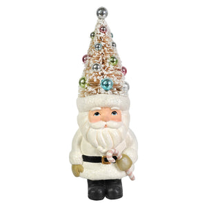 Pastel tree santa figurine by bethany lowe design in white with a glittery tree hat and candy cane, folk art santas style