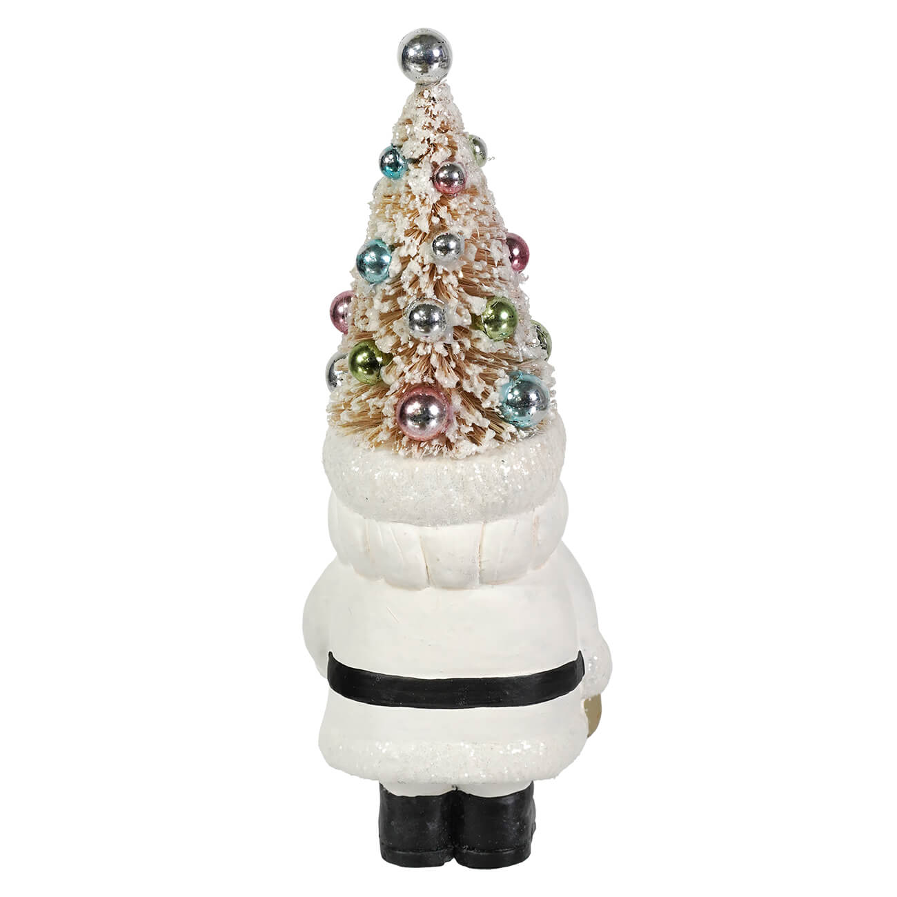 Pastel tree santa gnome figurine by bethany lowe design with frosted brush tree and colorful metallic ornaments