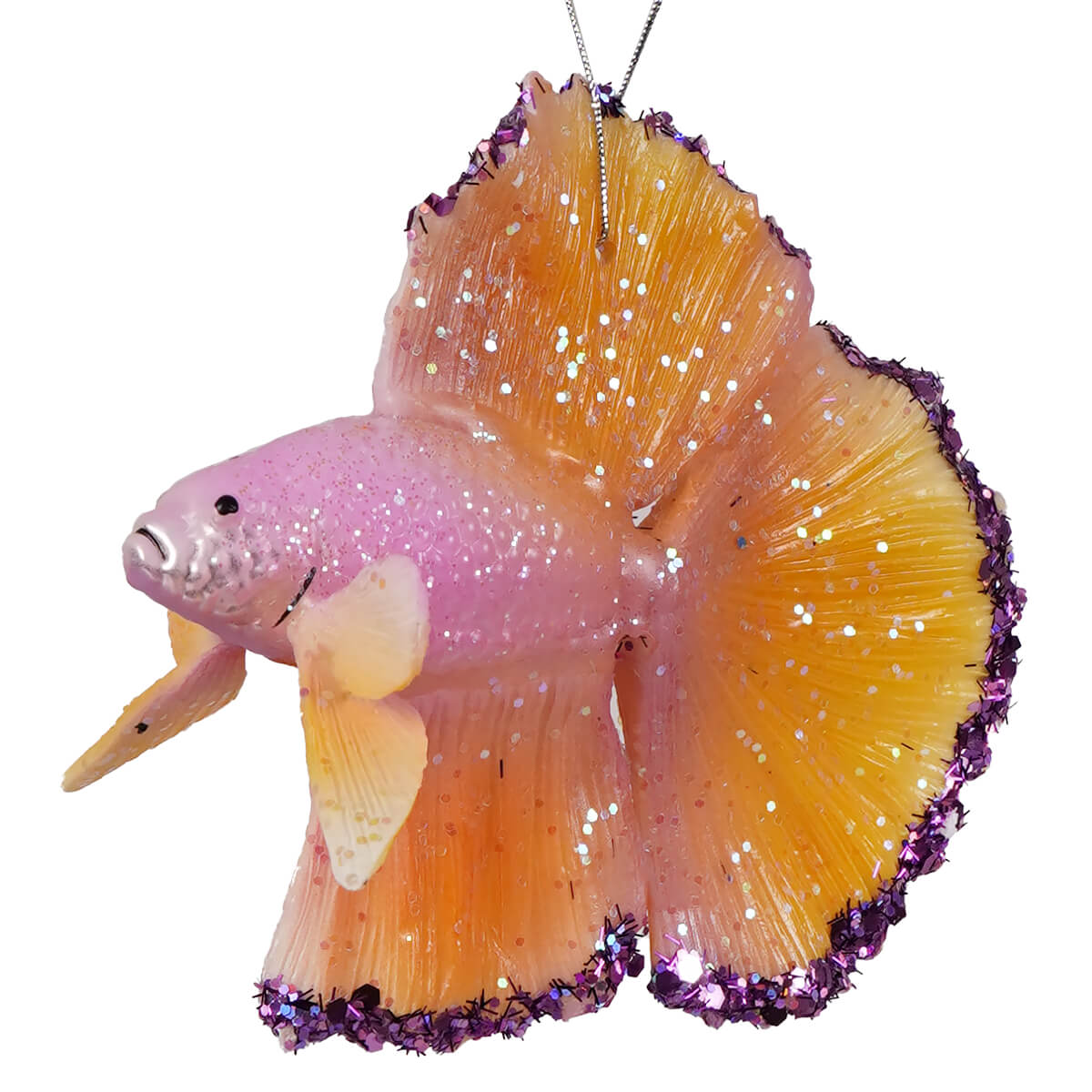 Pastel yellow and pink beta fish ornament with glittery purple resin trim by cody foster perfect for decoration