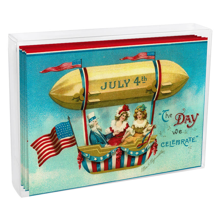 Vintage-style greeting card or illustration depicting a patriotic July 4th scene with characters in a festive hot air balloon basket.