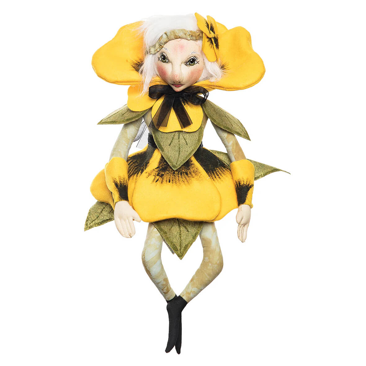 A whimsical paulina pansy fabric doll in yellow and green flower theme with a black bow from family owned gallerie ii design