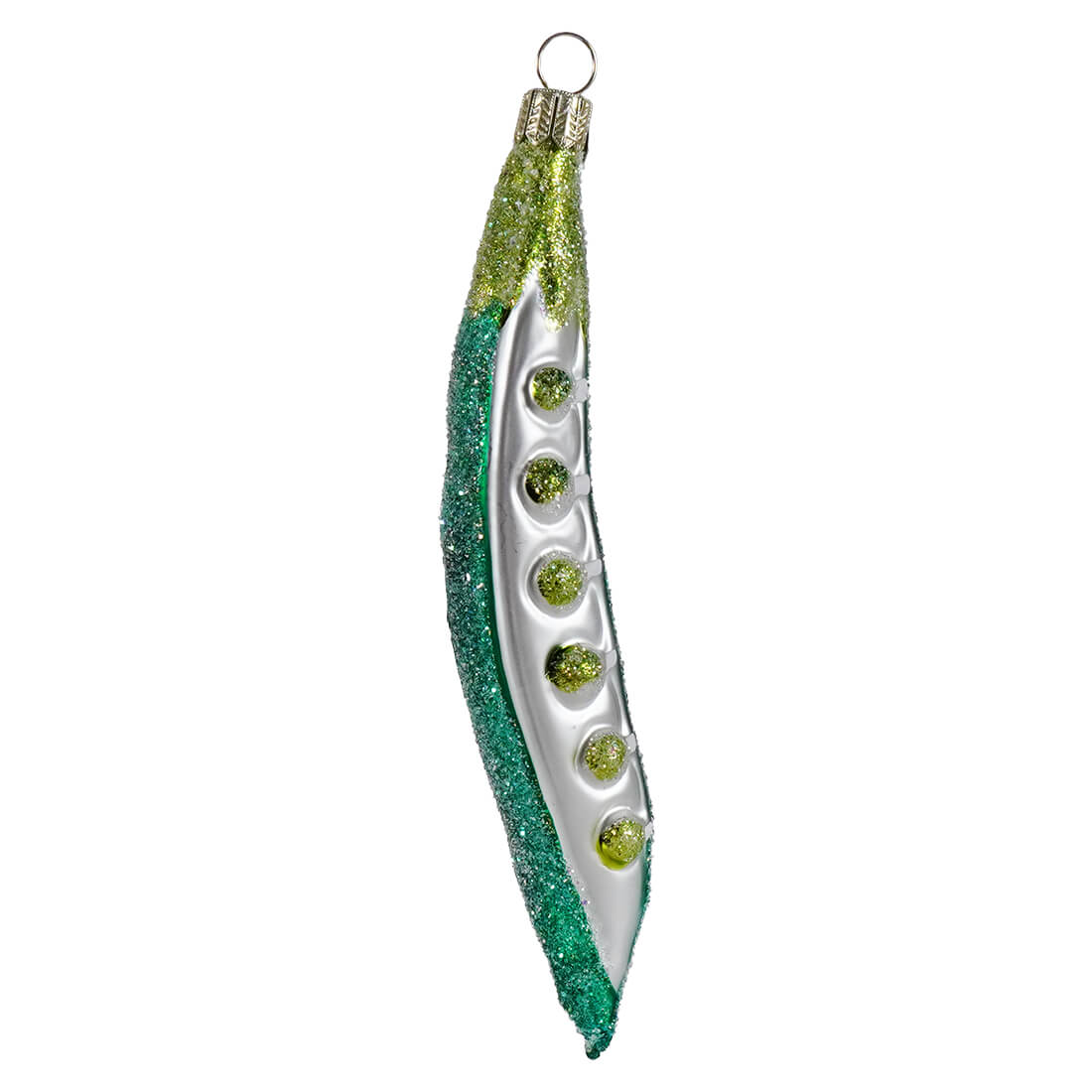 A sparkling green and white glass pea pod ornament with glittery details and round peas perfect for figural decor or lighted decor