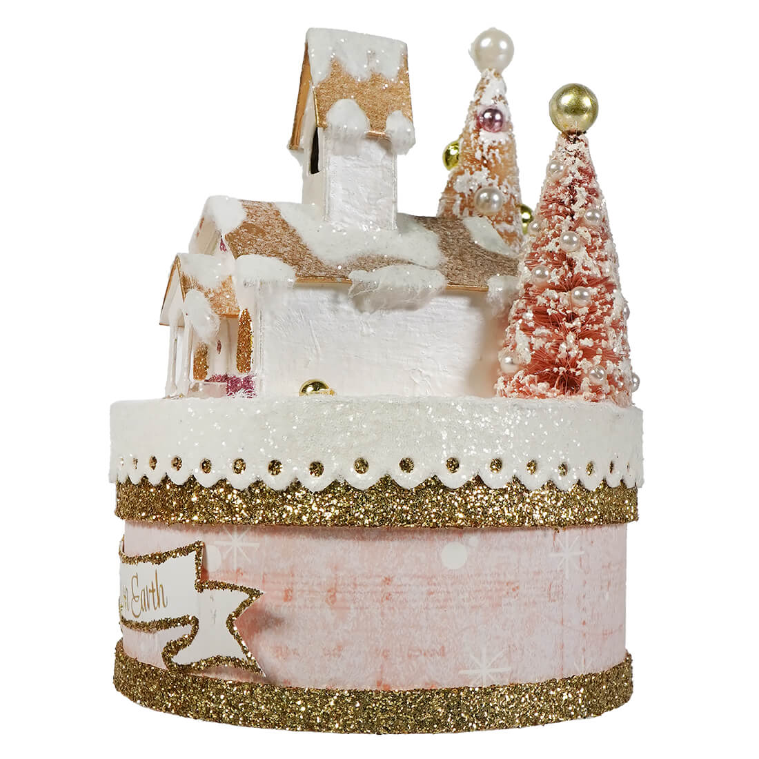 A festive glittery holiday box with a miniature gingerbread house and pearl frosted pine trees from bethany lowe designs