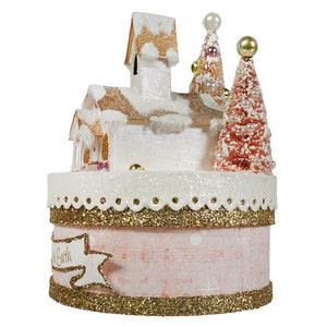 A festive glittery holiday box with a miniature gingerbread house and pearl frosted pine trees from bethany lowe designs