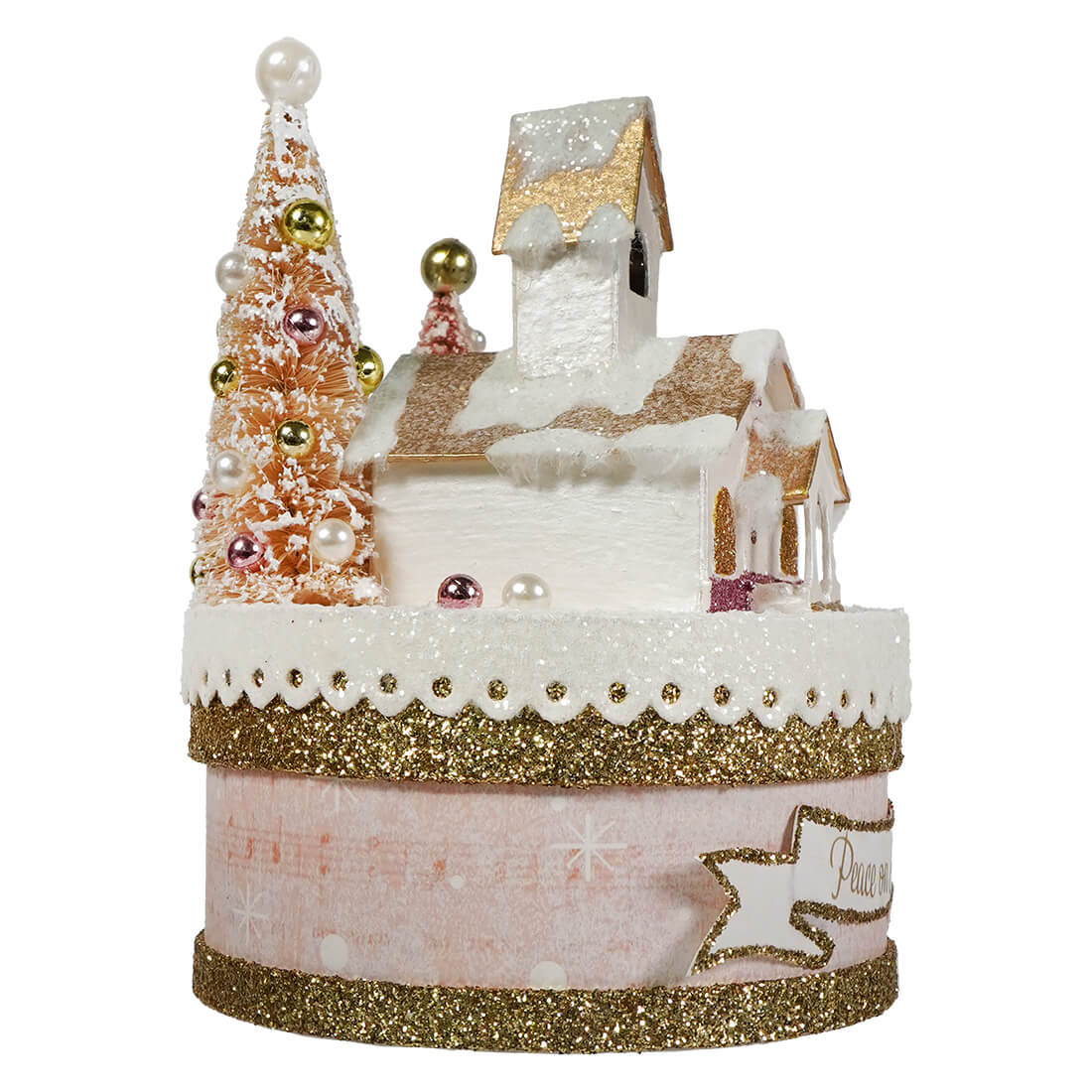 A bethany lowe designs figural decor ornament featuring a white and gold glittery christmas village with pearl tree topper