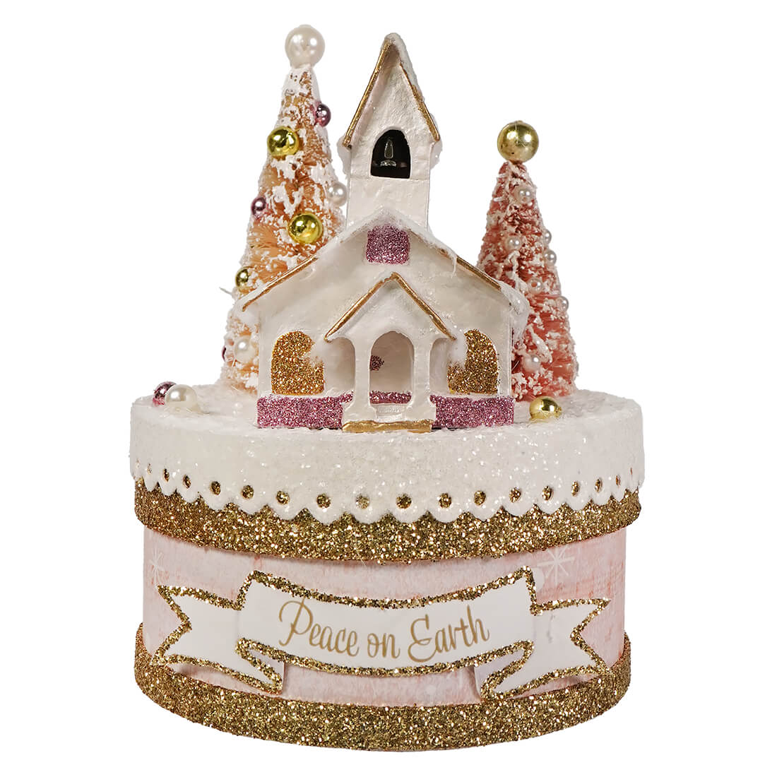 Pink and white glittery peace on earth church ornament with gold accents and pearl decorated trees by bethany lowe designs