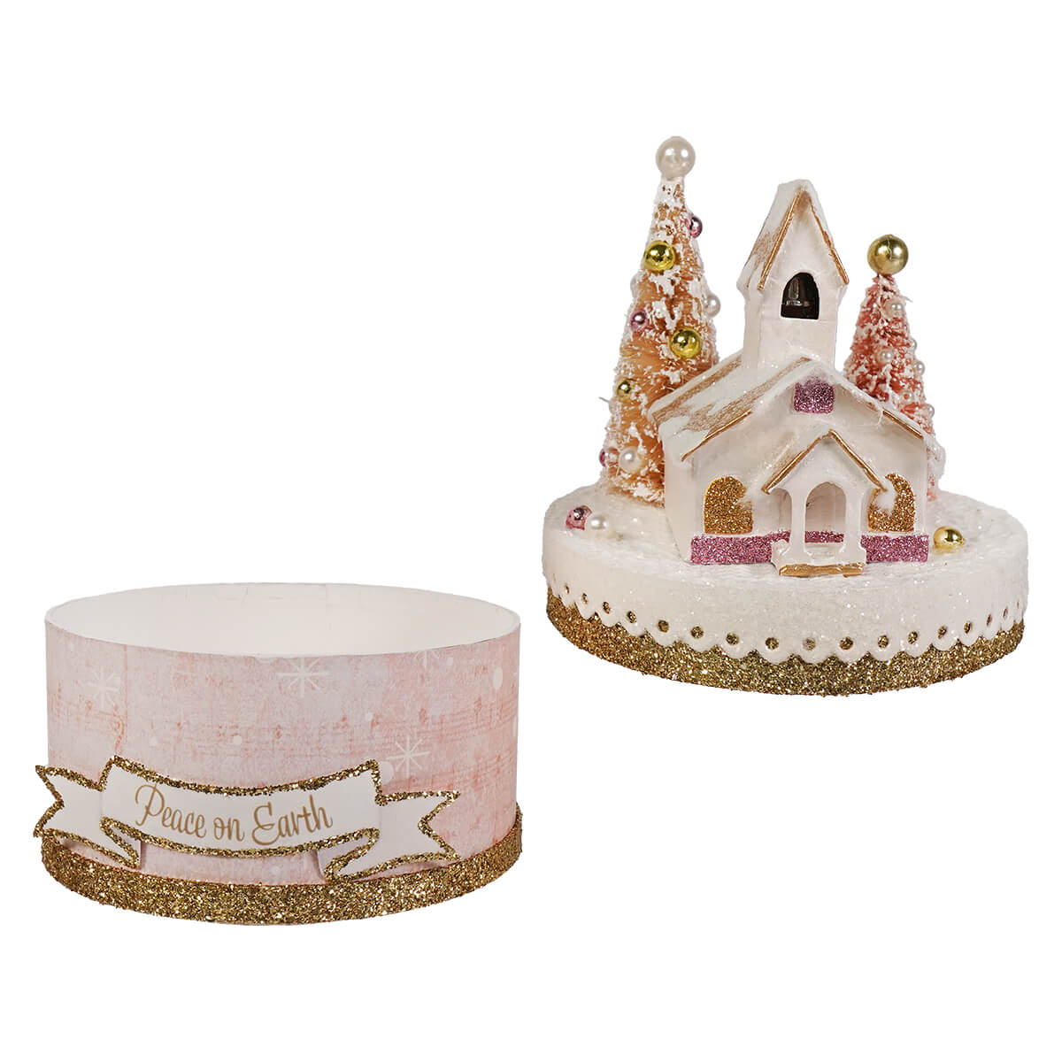 Delicate white and gold glittery peace on earth church figurine with pink accents and pearl decorated trees by bethany lowe designs