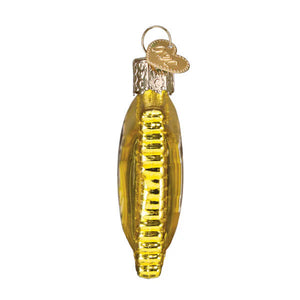 Golden glass peanut m&m’s ornament shaped like a corn cob with detailed kernels and silver cap with heart tag