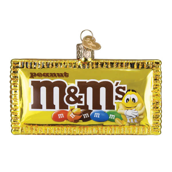 Golden-framed peanut m&m’s ornament with colorful candies and a cheerful yellow character for festive decor