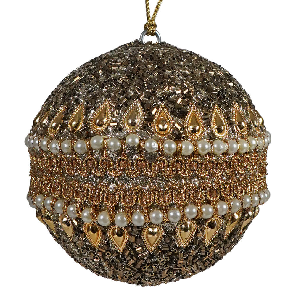 Pearl With Lace Gold Beaded Ball Ornament - Ornaments