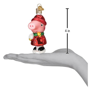 A festive red glass peppa pig ornament with santa hat green scarf and gold buttons perfect for toys fun miscellaneous ornaments