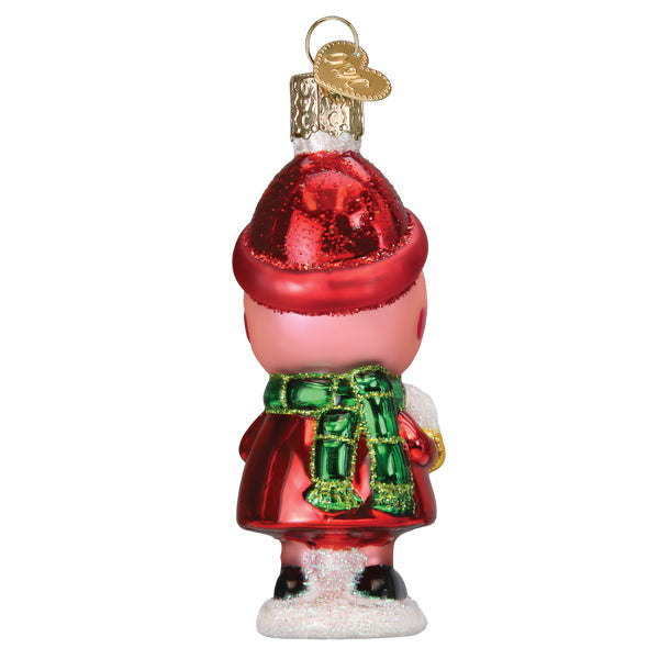 A red glass peppa pig with snowball ornament featuring a pink figure in a shiny red hat and green scarf, ideal for toys & fun miscellaneous ornaments