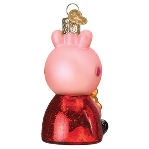 Pink glass peppa pig christmas ornament wearing red glittery dress with gold details perfect for world christmas glass collections