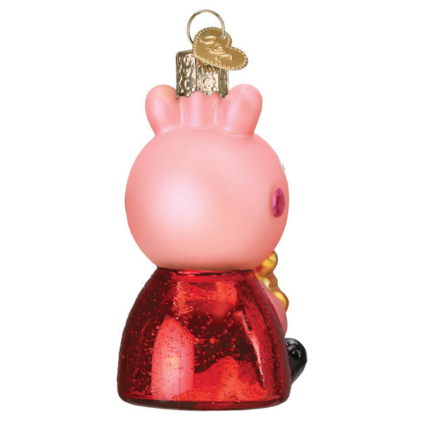 Pink glass peppa pig christmas ornament wearing red glittery dress with gold details perfect for world christmas glass collections