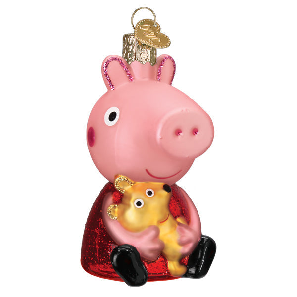 Pink glass peppa pig christmas ornament holding a yellow teddy bear perfect for world christmas glass decor