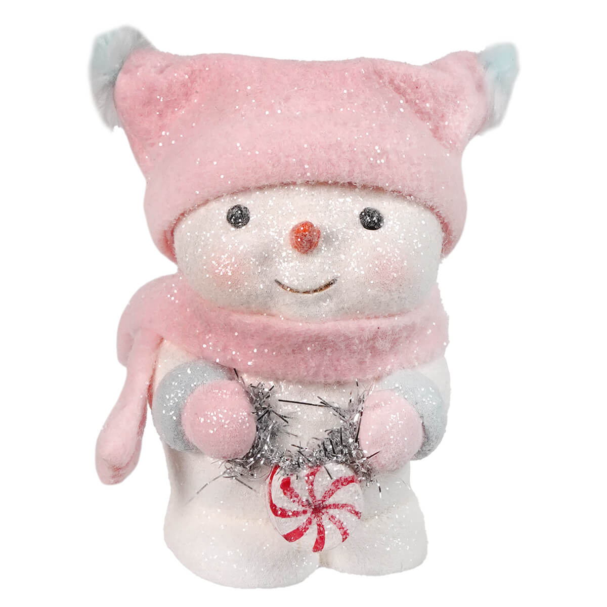 A plush pink and white peppermint blush snowgirl figurine by bethany lowe designs wearing a sparkly hat and scarf