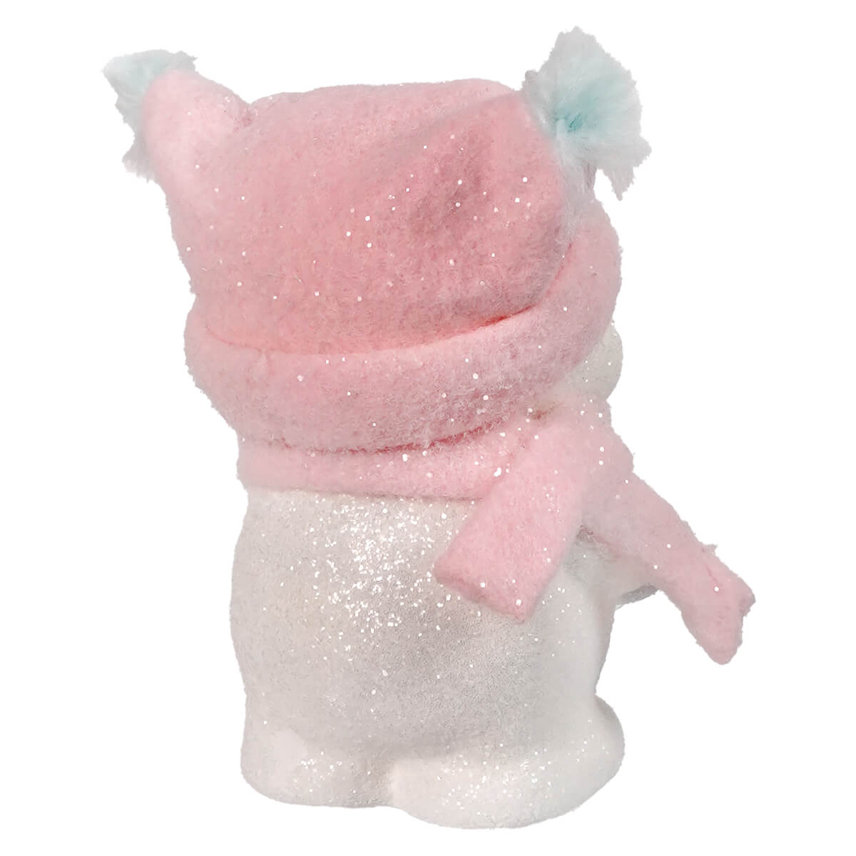 A plush glittery peppermint blush snowgirl figurine by bethany lowe designs wearing a pink hat and matching scarf