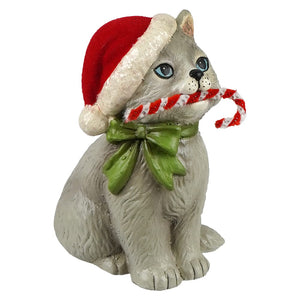 Gray ceramic kitty figurine wearing santa hat holding candy cane with green bow bethany lowe design peppermint kitty