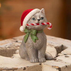 Gray ceramic kitty figurine peppermint kitty by bethany lowe design wearing santa hat with green bow and candy cane